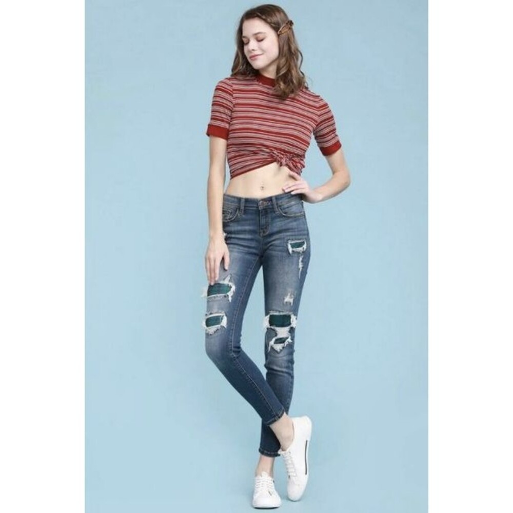 Judy Blue Green Plaid Patch Skinny Jean Size 1